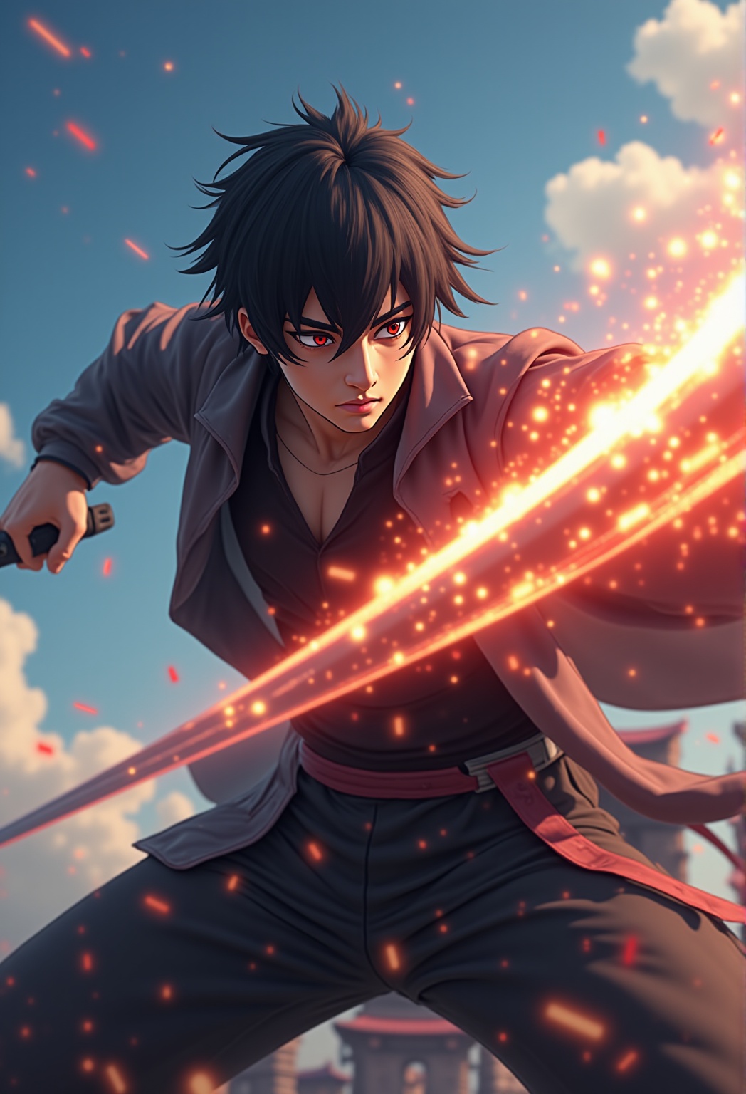 A 3D CGI anime male warrior performing a dramatic sword slash,  captured in motion from a low-angle view with energy trail...