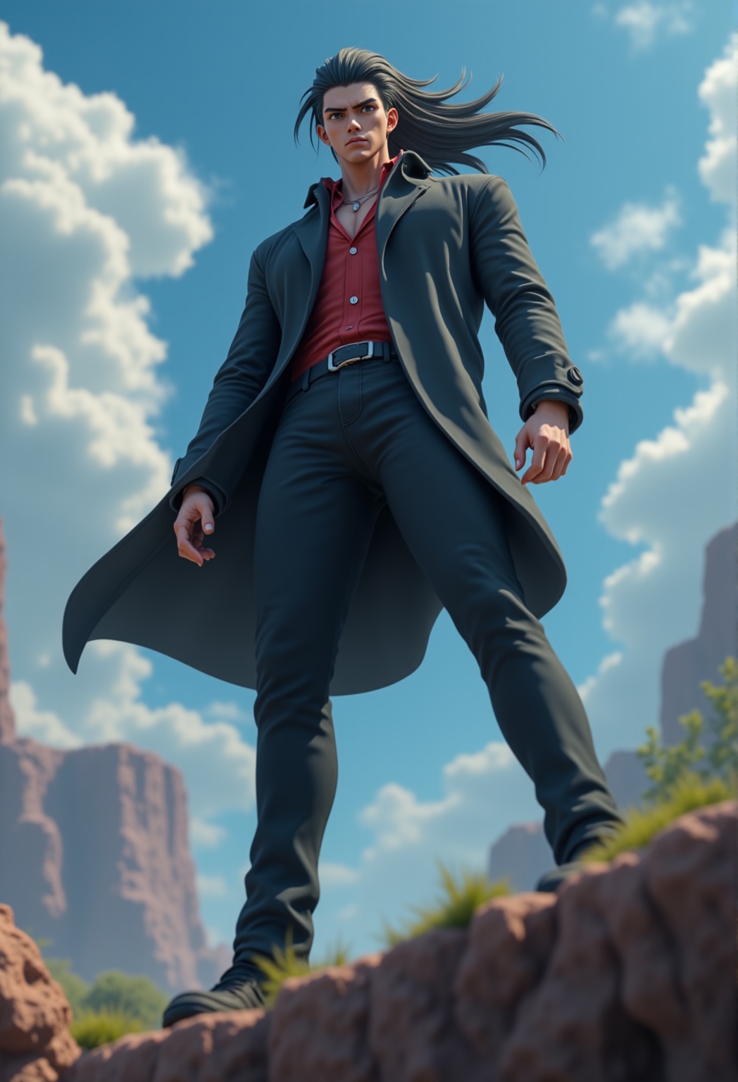 A 3D CGI anime male character with sharp features,  standing heroically on a cliff edge,  his long hair blowing in the win...