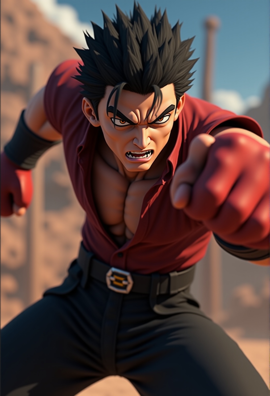 A muscular 3D anime male fighter delivering a powerful punch,  captured in slow-motion from a close-up angle,  showing the...