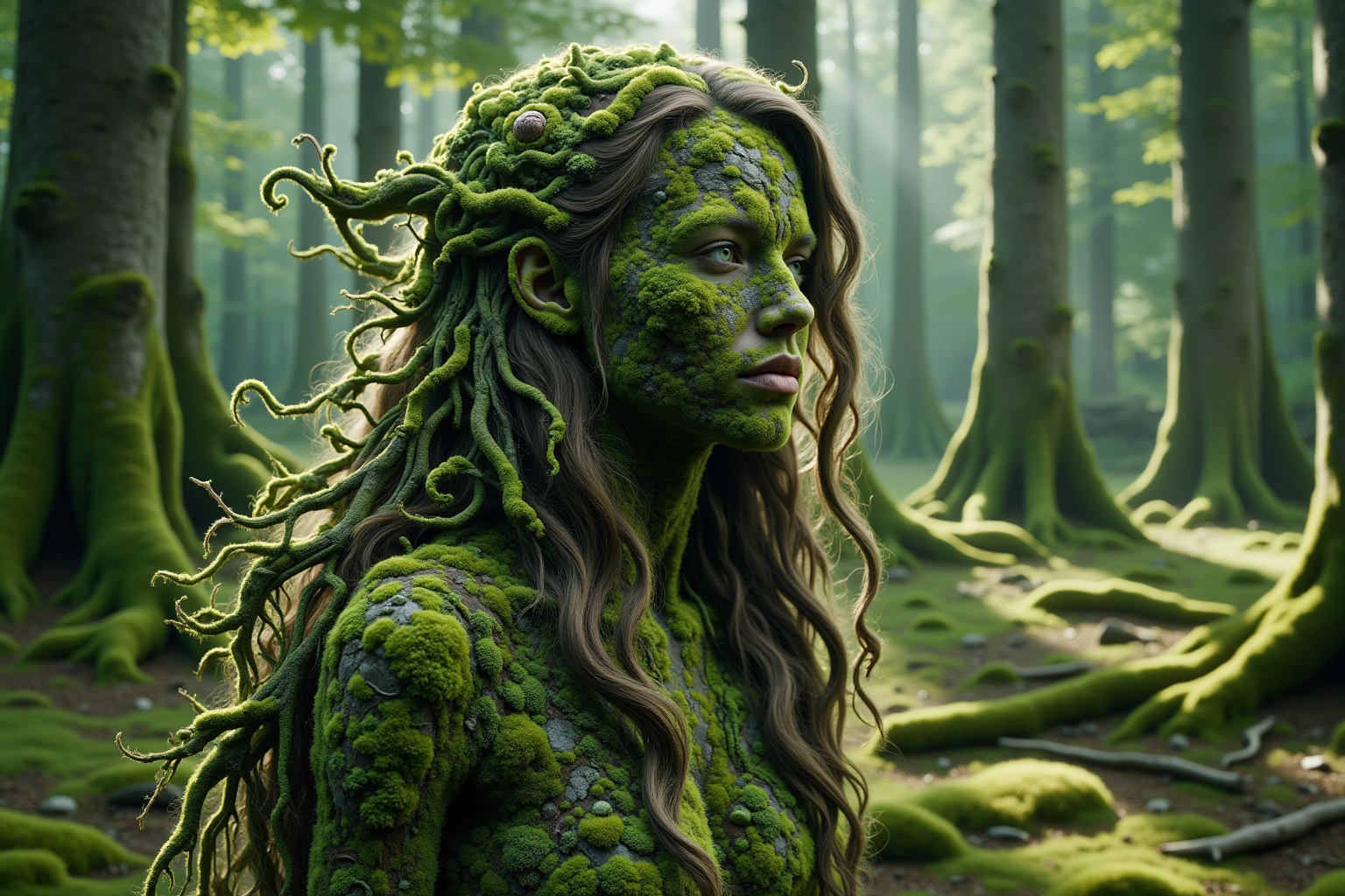 a root-based young woman emerges from the ground in an enchanted forest,  Ral-ovrgrwth tangled on Tensor.Art