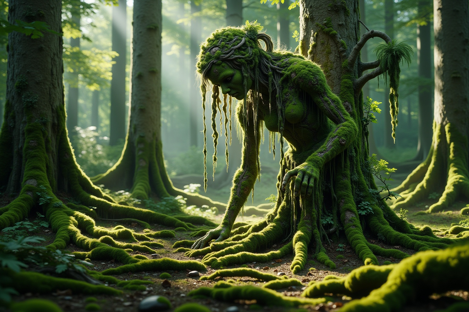 a root-based young woman emerges from the groundin an enchanted forest,  Ral-ovrgrwth tangled on Tensor.Art