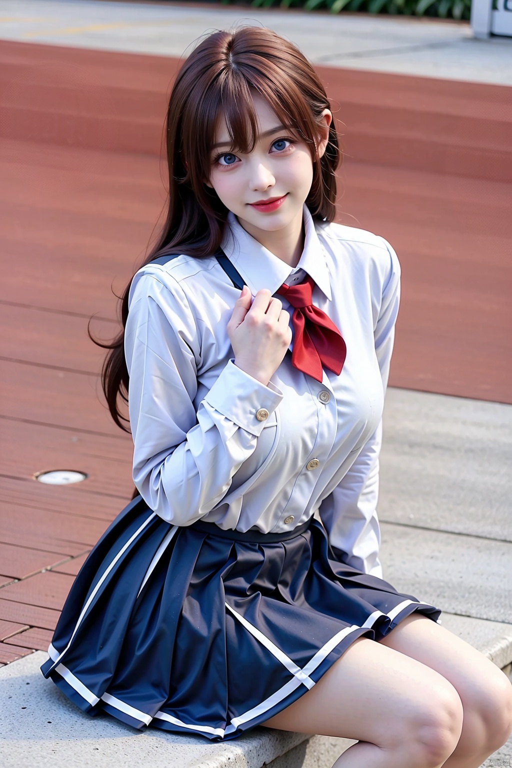 1girl solo long hair looking at viewer smile blue eyes skirt brown hair sitting school uniform blue skirt cosplay