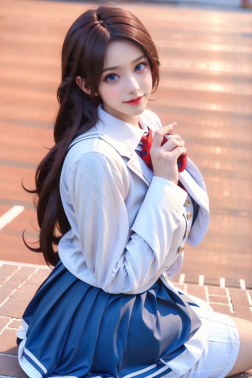 1girl solo long hair looking at viewer smile blue eyes skirt brown hair sitting school uniform blue skirt cosplay