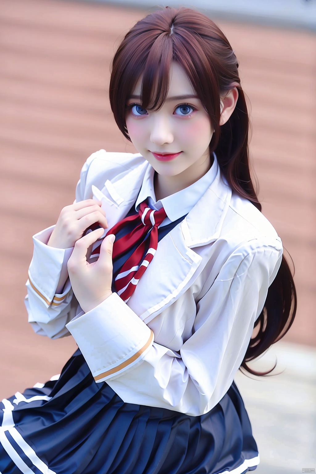 1girl solo long hair looking at viewer smile blue eyes skirt brown hair sitting school uniform blue skirt cosplay