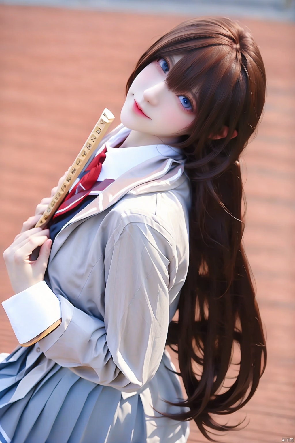 1girl solo long hair looking at viewer smile blue eyes skirt brown hair sitting school uniform blue skirt cosplay