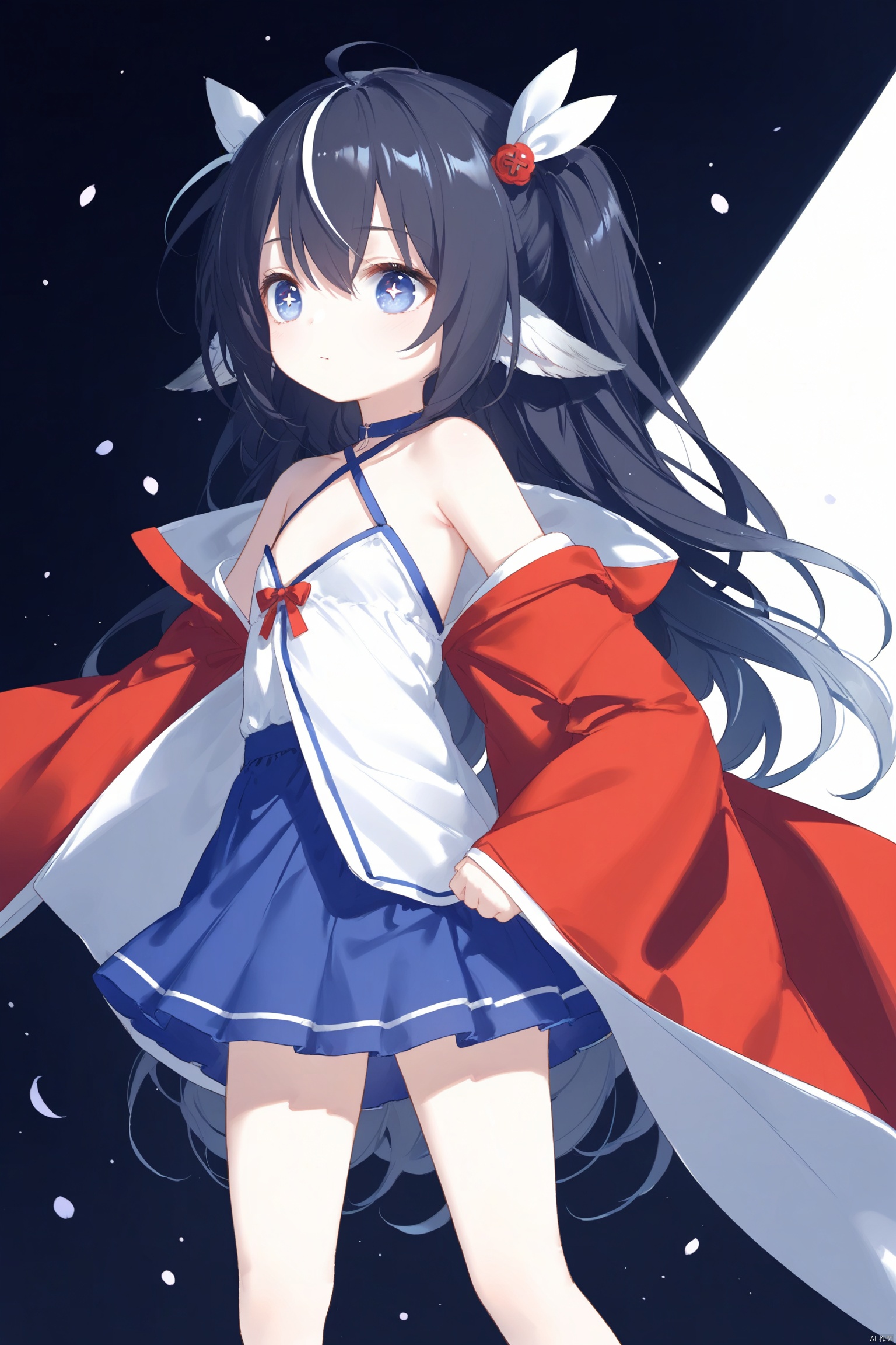 masterpiece,best quality,ku, illustration,[Artist miwano rag],[Artist toosaka asagi],[Artist wlop],[Artist chen bin],1girl, solo, long hair,loli,loli,loli, (little_girl:1.2),petite:1.1, Feather ears, small breast, dark blue eyes, symbol-shaped pupils, cross-shaped pupils, black hair,white hair, bangs, gradient hair, sugerjio, 