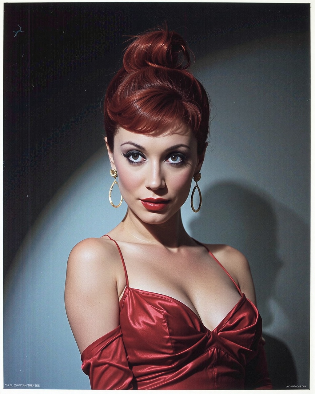 Jessica Rabbit posing seductively in a glamorous red dress against a dark background,  spotlight shining down on her like...
