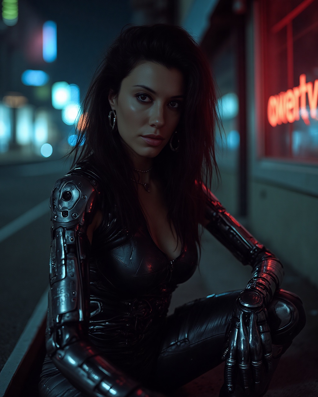 A close-up shot of a futuristic femme fatale,  the Female Terminator,  posed confidently against a dark urban backdrop on...