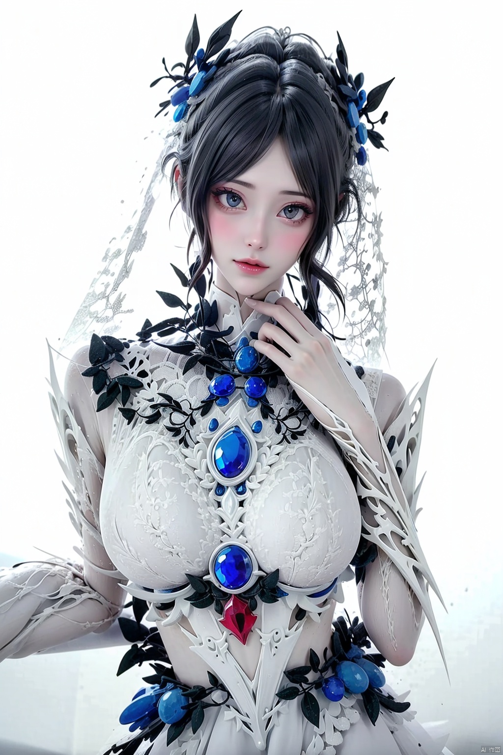 1girl
solo
breasts
looking at viewer
short hair
large breasts
black hair
hair ornament
white background
dress
sitting
grey hair
white dress
veil

