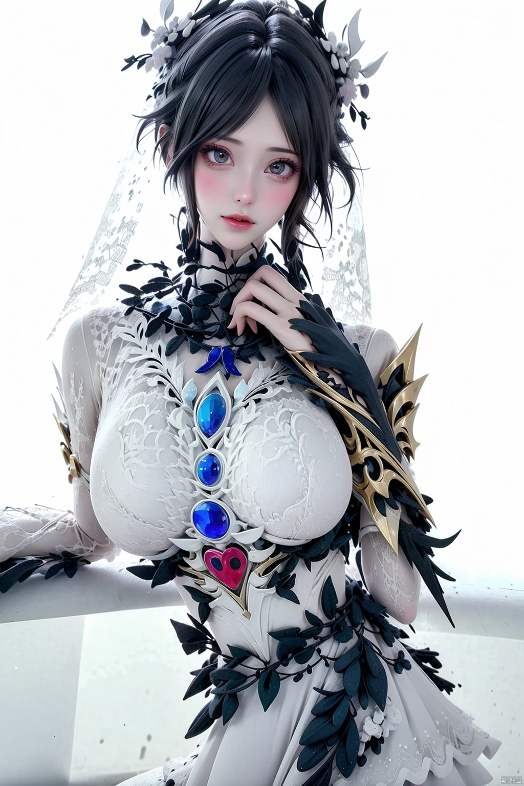 1girl
solo
breasts
looking at viewer
short hair
large breasts
black hair
hair ornament
white background
dress
sitting
grey hair
white dress
veil

