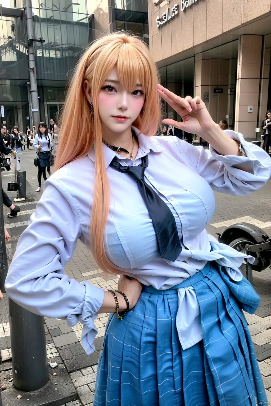 1girl long hair breasts looking at viewer skirt blonde hair large breasts shirt jewelry school uniform necktie solo focus choker bracelet hand on hip cosplay black choker ground vehicle blue necktie realistic salute tied shirt kitagawa marin