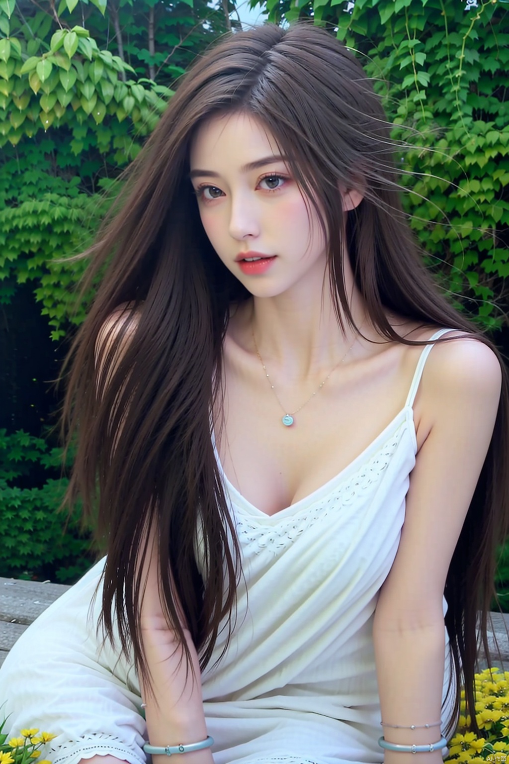 1girl solo long hair smile black hair dress jewelry sitting outdoors parted lips necklace white dress bracelet leaf realistic bench