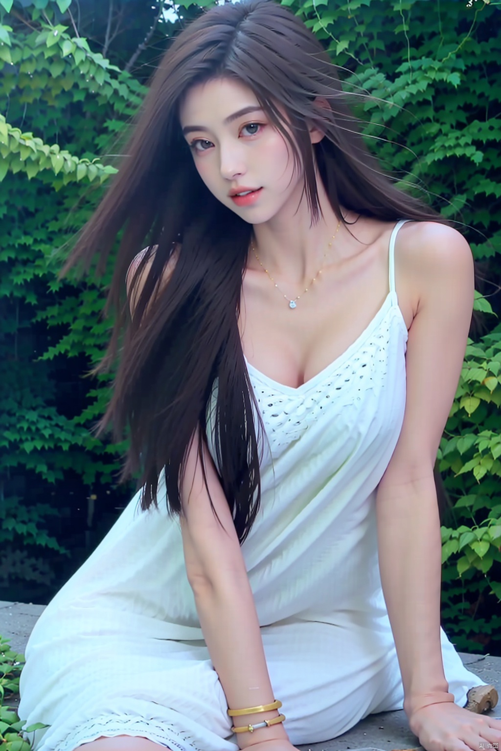 1girl solo long hair smile black hair dress jewelry sitting outdoors parted lips necklace white dress bracelet leaf realistic bench