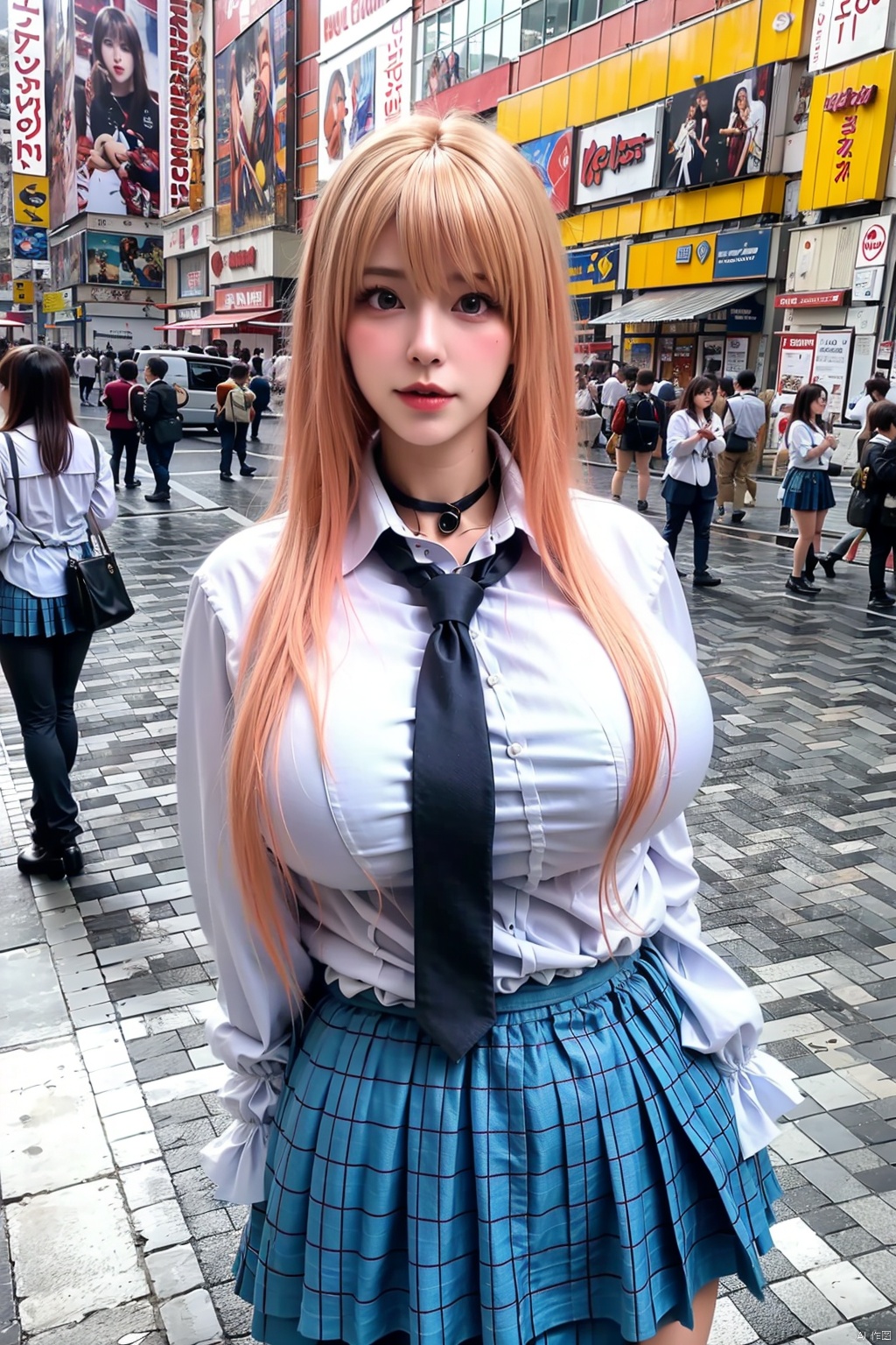 1girl solo long hair looking at viewer skirt blonde hair shirt school uniform necktie solo focus choker plaid cosplay plaid skirt blue necktie realistic photo background kitagawa marin