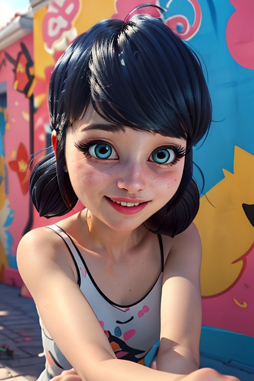 Sweet poses in vibrant harmony with the colorful mural behind her,  sunlight dancing across her face to accentuate her fea...