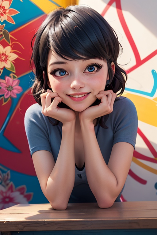 Sweet poses in vibrant harmony with the colorful mural behind her,  sunlight dancing across her face to accentuate her fea...