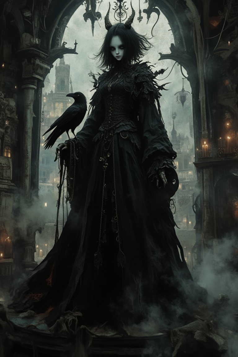 Close-up of a creepy gothic girl in a vintage anime style,  dark flowing robes,  pale skin on Tensor.Art
