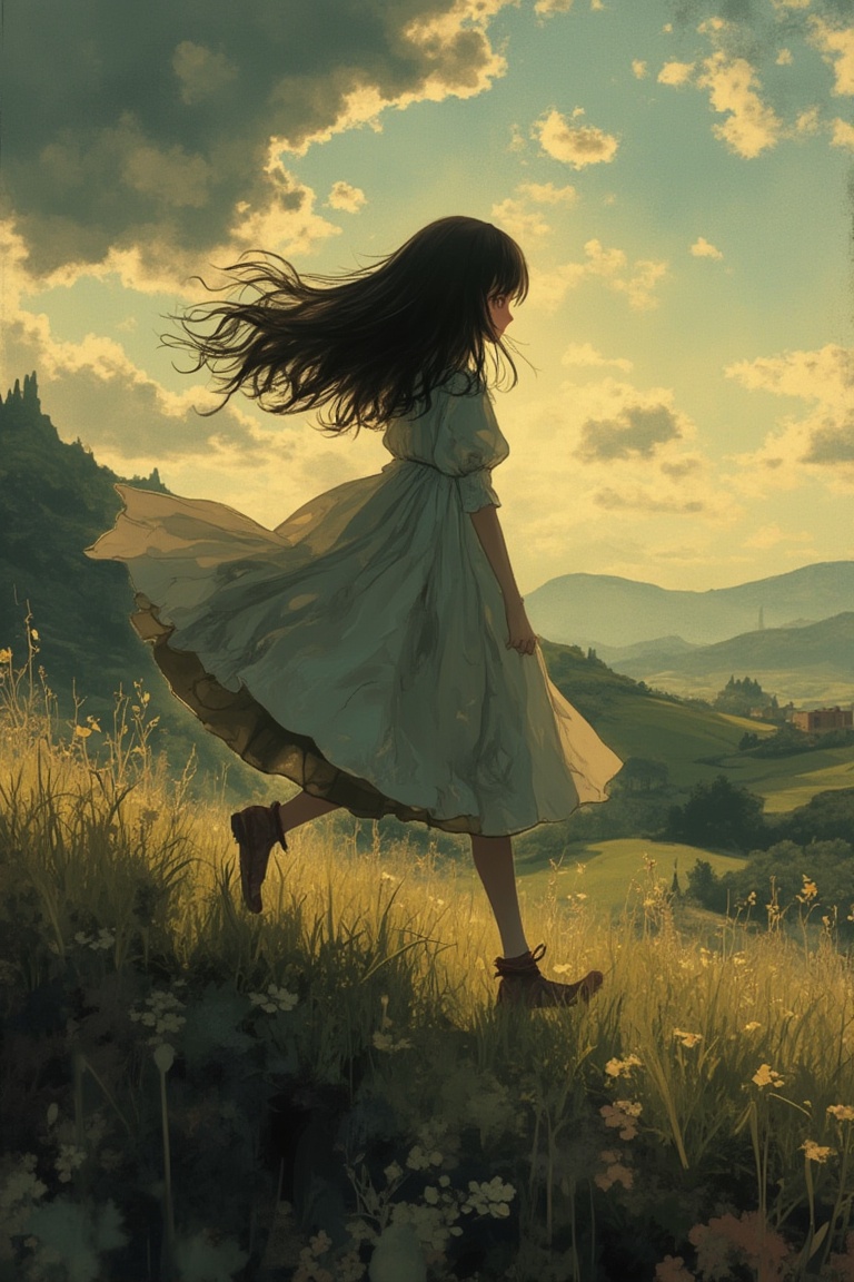 Close-up of a long-haired girl in a vintage anime style,  walking gracefully on a hill,  flowing hair and dress on Tensor.Art