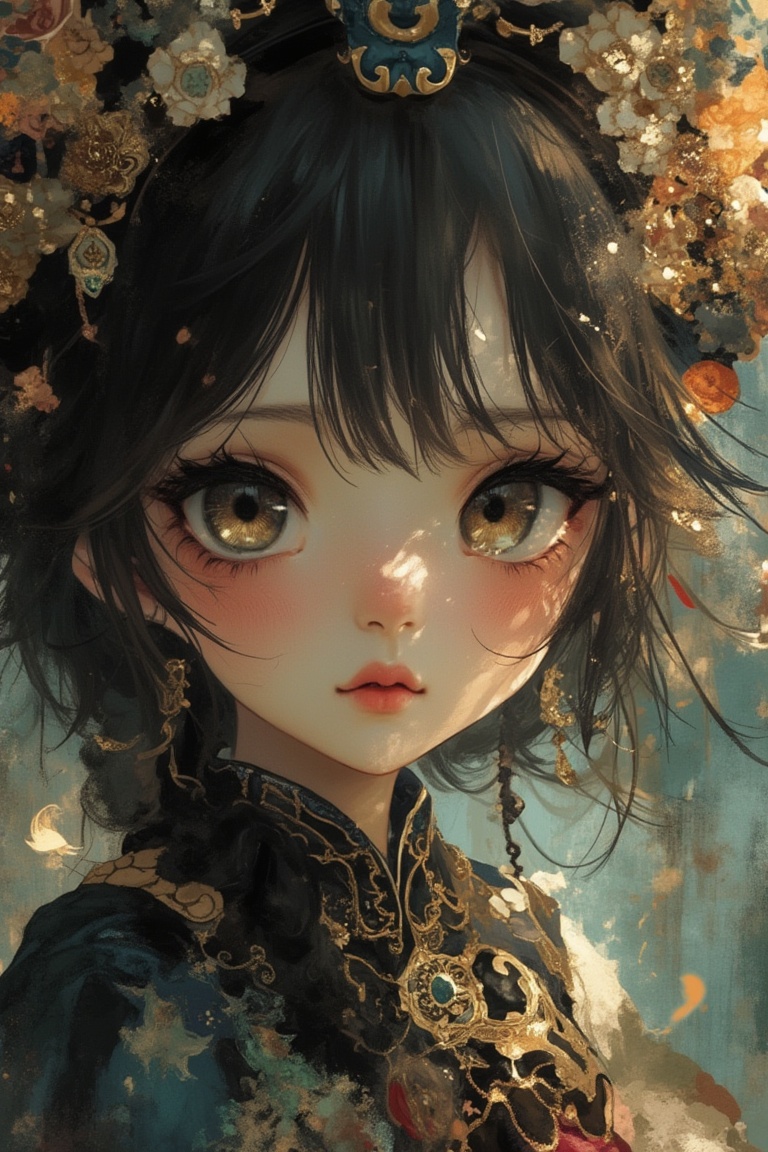 Close-up portrait of a girl in a vintage anime style,  large expressive eyes,  intricate fantasy costume on Tensor.Art