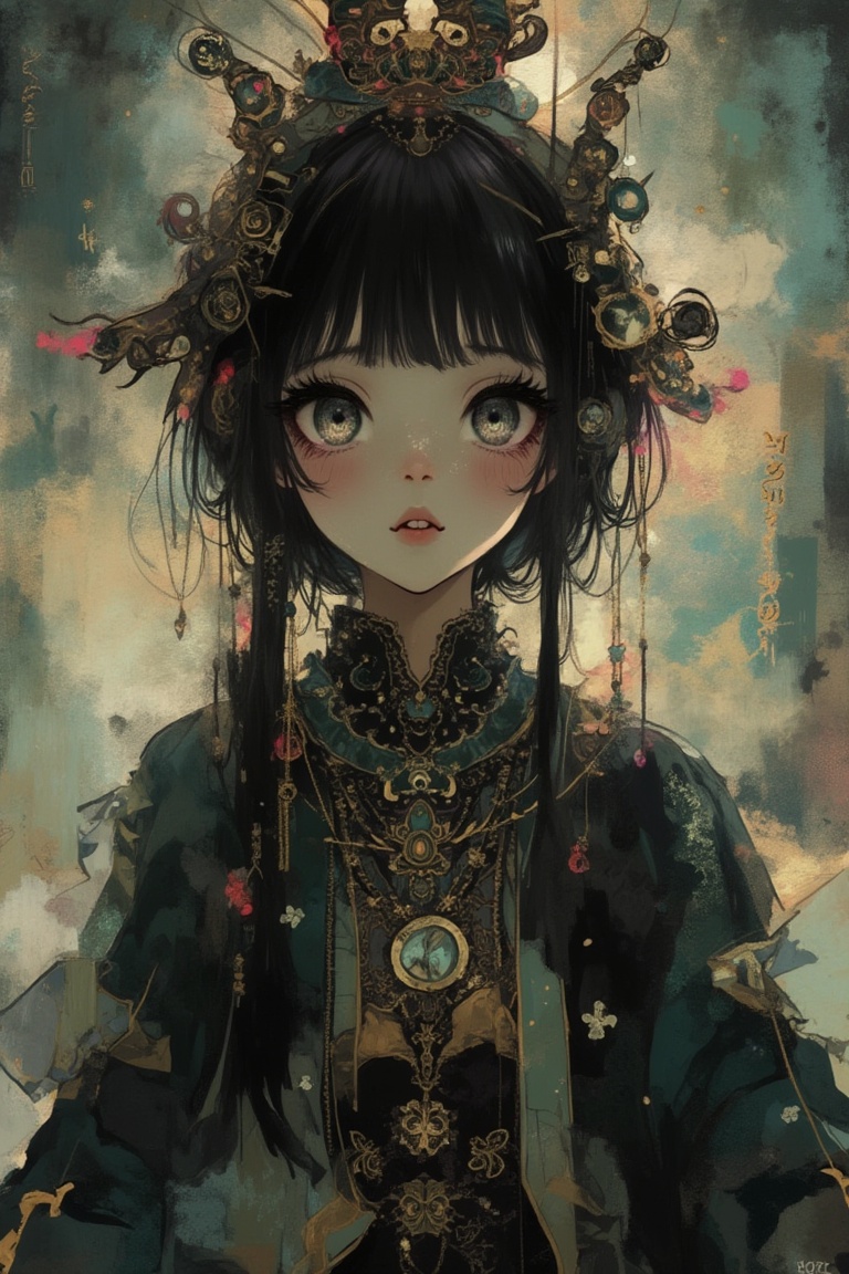 Close-up of a mysterious girl in a vintage anime style,  large expressive eyes,  intricate fantasy costume with flowing ro...