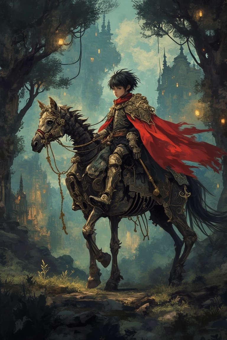 Close-up of a mysterious boy in a vintage anime style,  riding a majestic horse through a fantasy forest,  intricate armor...