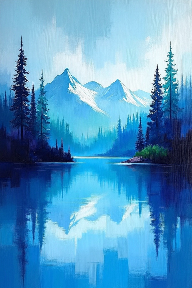 A vibrant landscape painting in an expressive style,  depicting a peaceful mountain lake scene in cooler colors. The scene...