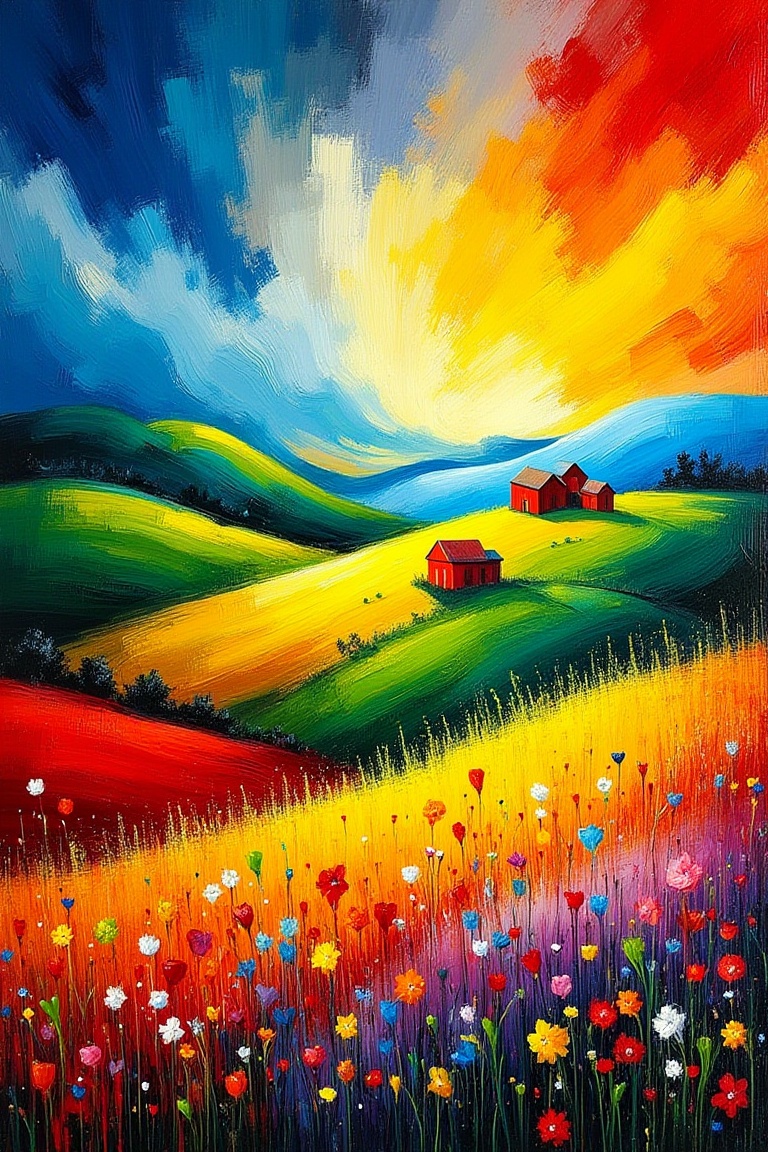 A vibrant landscape painting in a dynamic and expressive style. The scene features rolling hills,  colorful farms and farm...