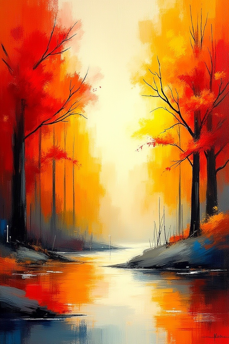 A vibrant landscape painting in an expressive style,  depicting a peaceful autumn forest. The scene features tall trees wi...