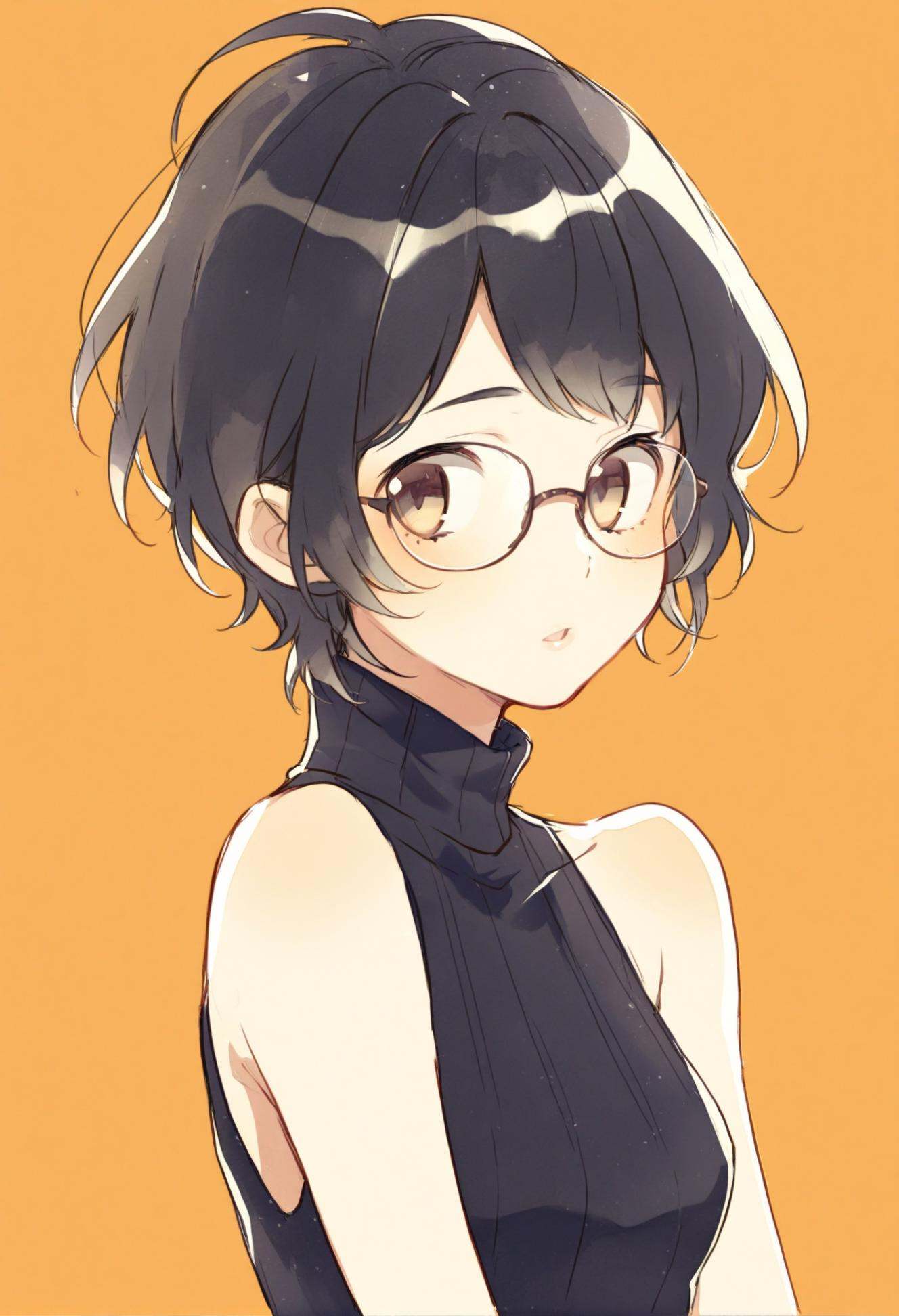 masterpiece, best quality,solo, glasses, looking at viewer, short hair, black hair, portrait, parted lips, brown eyes, sleeveless, 1girl, black shirt, shirt, orange background, bare shoulders, sleeveless shirt, simple background, white background, turtleneck  <lora:ekuuekuraXLlokr4f-000143:0.95>