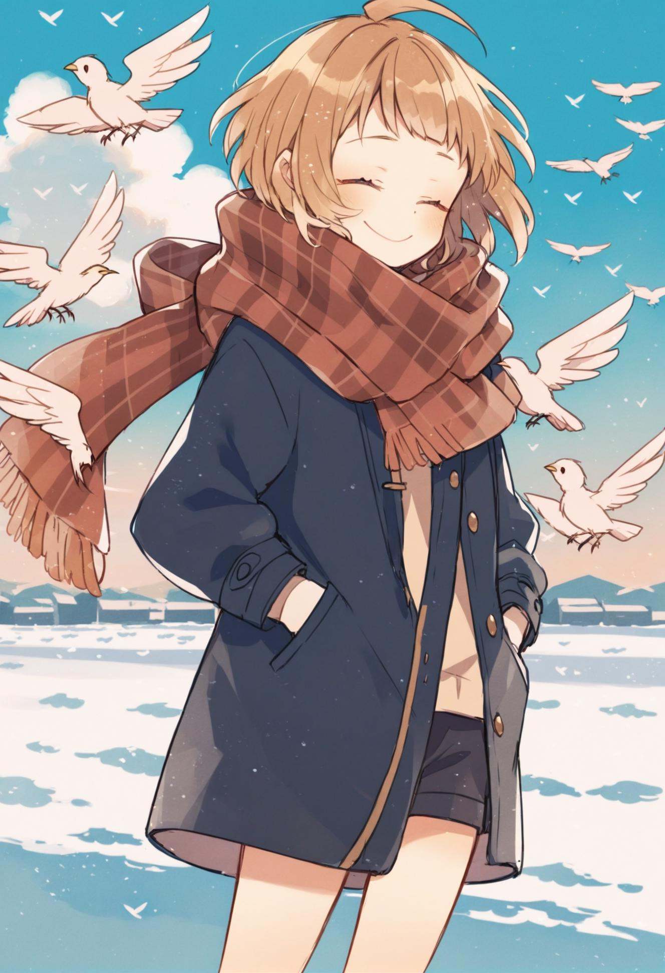 masterpiece, best quality,bird, 1girl, solo, closed eyes, scarf, flock, smile, hands in pockets, sky, outdoors, facing viewer, coat, animal, short hair  <lora:ekuuekuraXLlokr4f-000143:0.95>