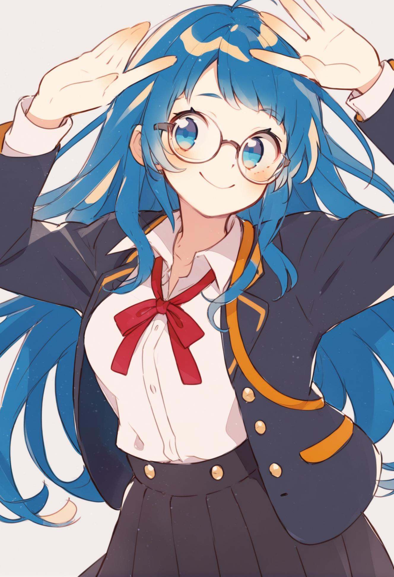 masterpiece, best quality,1girl, solo, shirt, jacket, glasses, long hair, ribbon, smile, neck ribbon, skirt, collared shirt, long sleeves, black jacket, buttons, white shirt, breasts, open clothes, looking at viewer, red ribbon, orange ribbon, open jacket, black skirt, blue hair, hands up, closed mouth, dress shirt, parted bangs, upper body  <lora:ekuuekuraXLlokr4f-000143:0.95>