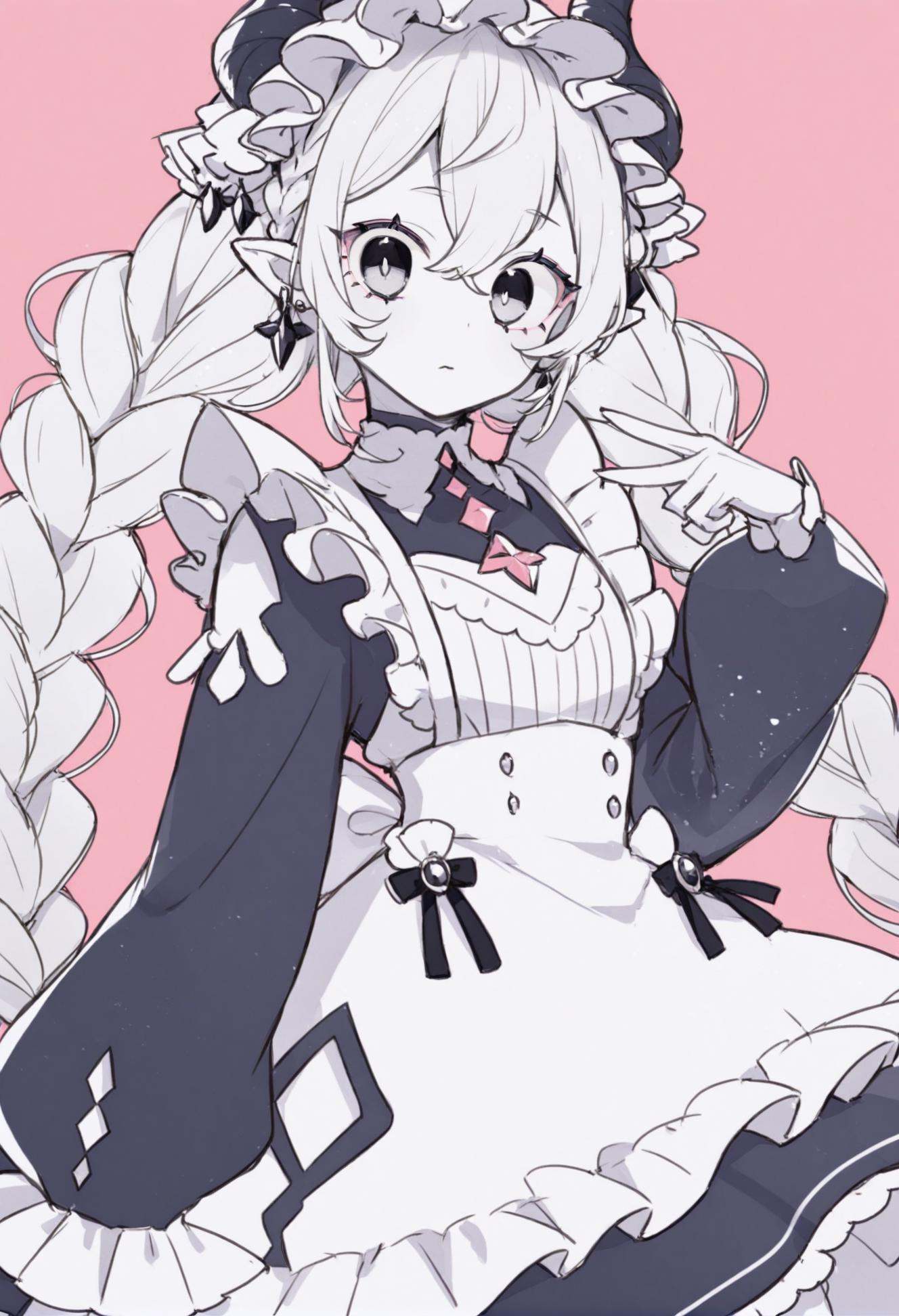 masterpiece, best quality,1girl, solo, pink background, looking at viewer, long hair, jewelry, earrings, hair between eyes, upper body, pointy ears, long sleeves, braid, v, simple background, maid, dress, white hair, double v, horns, colored skin, monochrome, twin braids  <lora:ekuuekuraXLlokr4f-000143:0.95>