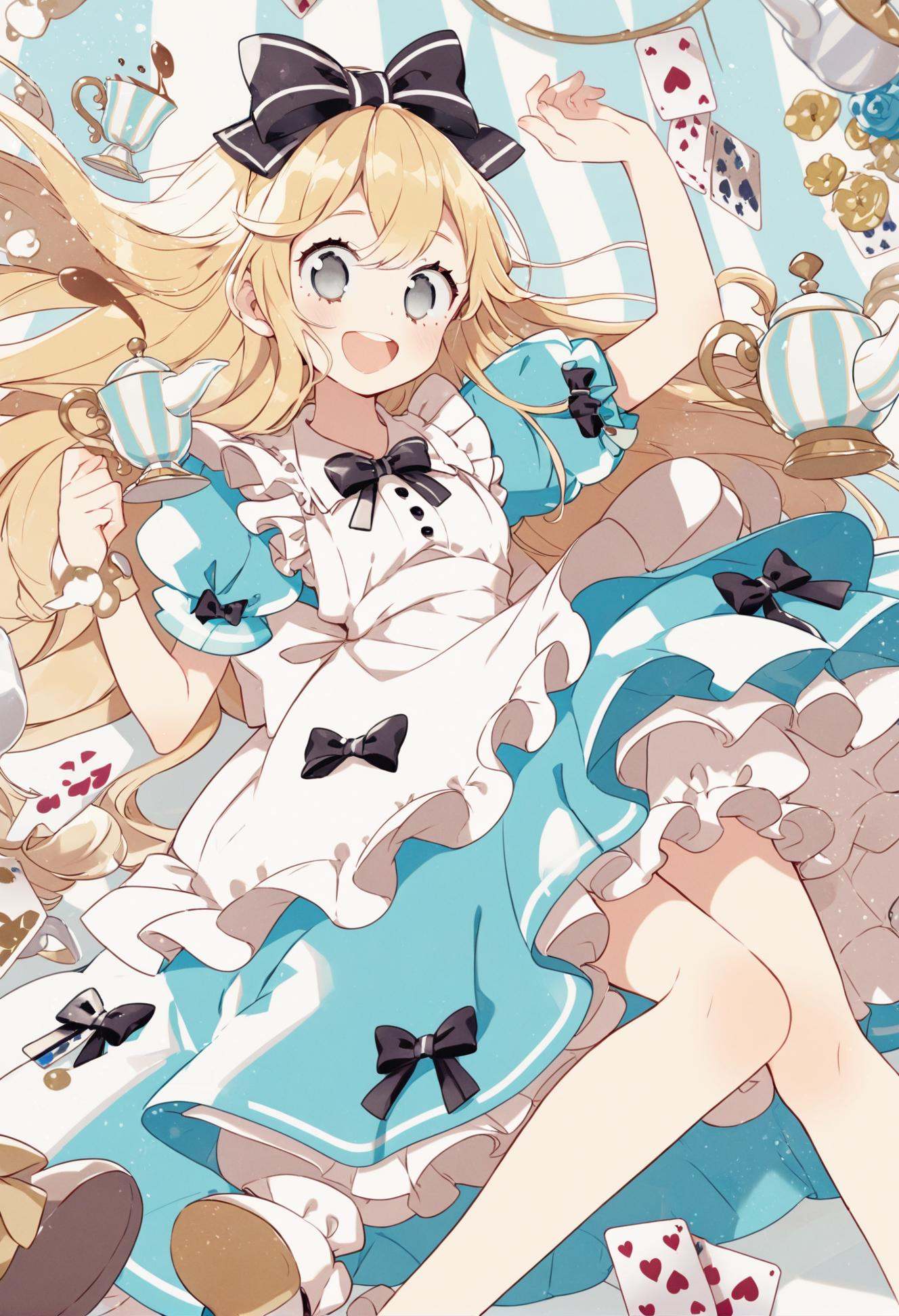 masterpiece, best quality,1girl, solo, cup, apron, teacup, dress, looking at viewer, open mouth, long hair, blonde hair, bow, blue dress, teapot, smile, short sleeves, bloomers, hair bow, puffy sleeves, holding, indoors, alice \(alice in wonderland\), white apron, black bow, puffy short sleeves, on back, frills, underwear, lying, card, grey eyes, blue eyes, :d, frilled apron, feet out of frame  <lora:ekuuekuraXLlokr4f-000143:0.95>