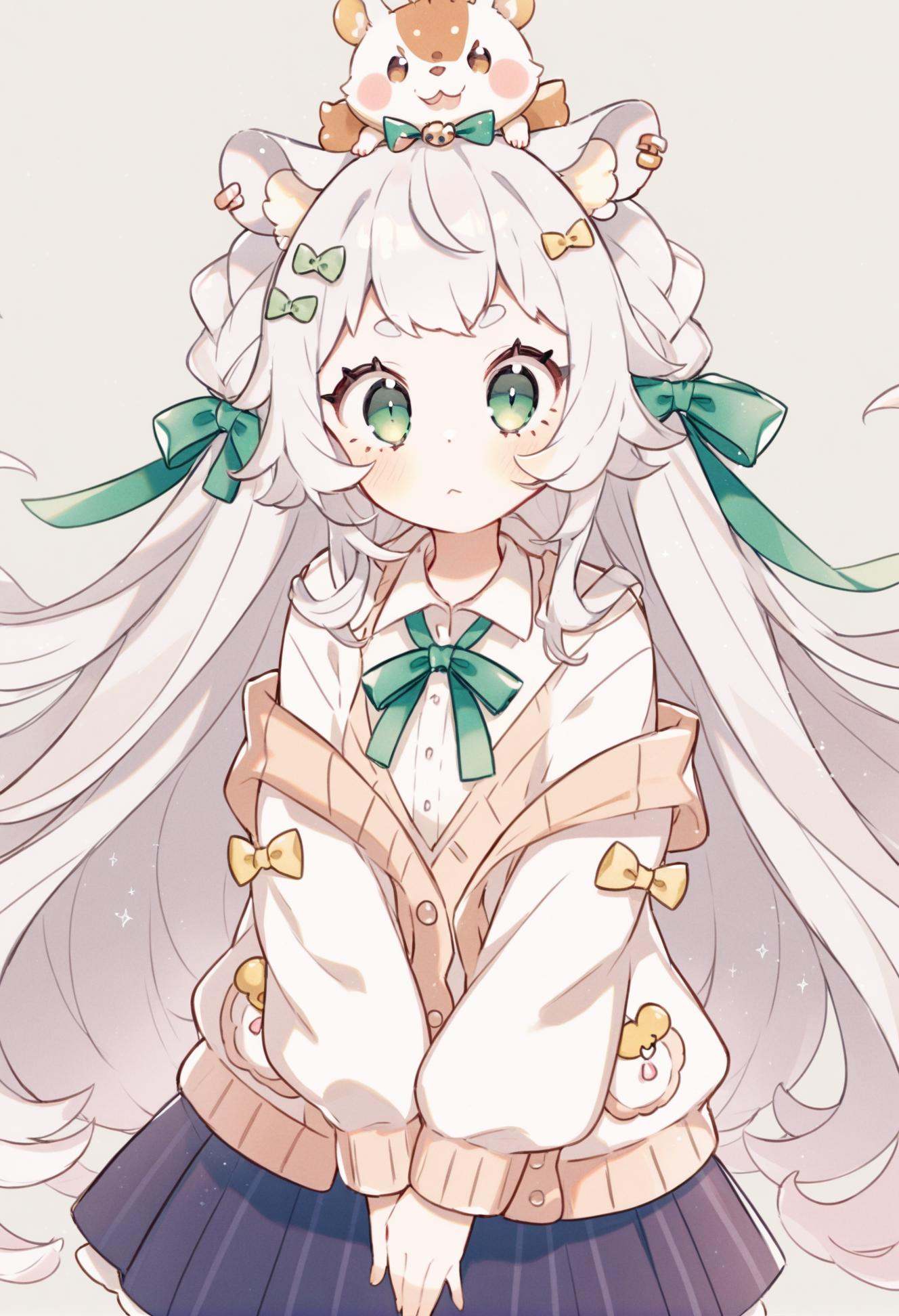 masterpiece, best quality,1girl, solo, long hair, virtual youtuber, looking at viewer, thick eyebrows, on head, hamster, shirt, animal on head, ribbon, simple background, bag, white shirt, skirt, very long hair, green eyes, long sleeves, neck ribbon, closed mouth, collared shirt, green ribbon, white hair, cardigan, own hands together  <lora:ekuuekuraXLlokr4f-000143:0.95>