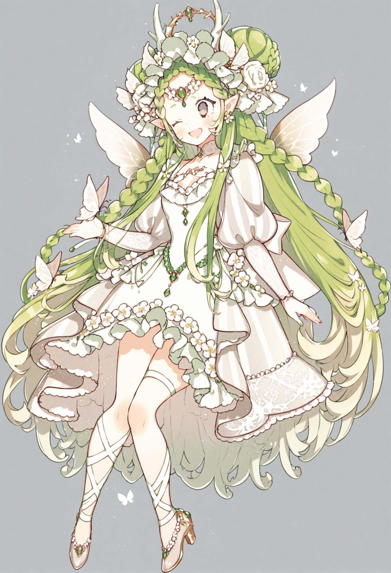 masterpiece, best quality,1girl, solo, dress, green hair, long hair, bug, butterfly, puffy sleeves, one eye closed, wings, full body, white dress, very long hair, white background, hair ornament, open mouth, flower, smile, high heels, long sleeves, leg ribbon, frills, hair flower, ribbon, simple background, juliet sleeves, braid, white flower, frilled dress, transparent background, jewelry, pointy ears, earrings, horns, hair bun, white ribbon, brown eyes  <lora:ekuuekuraXLlokr4f-000143:0.95>