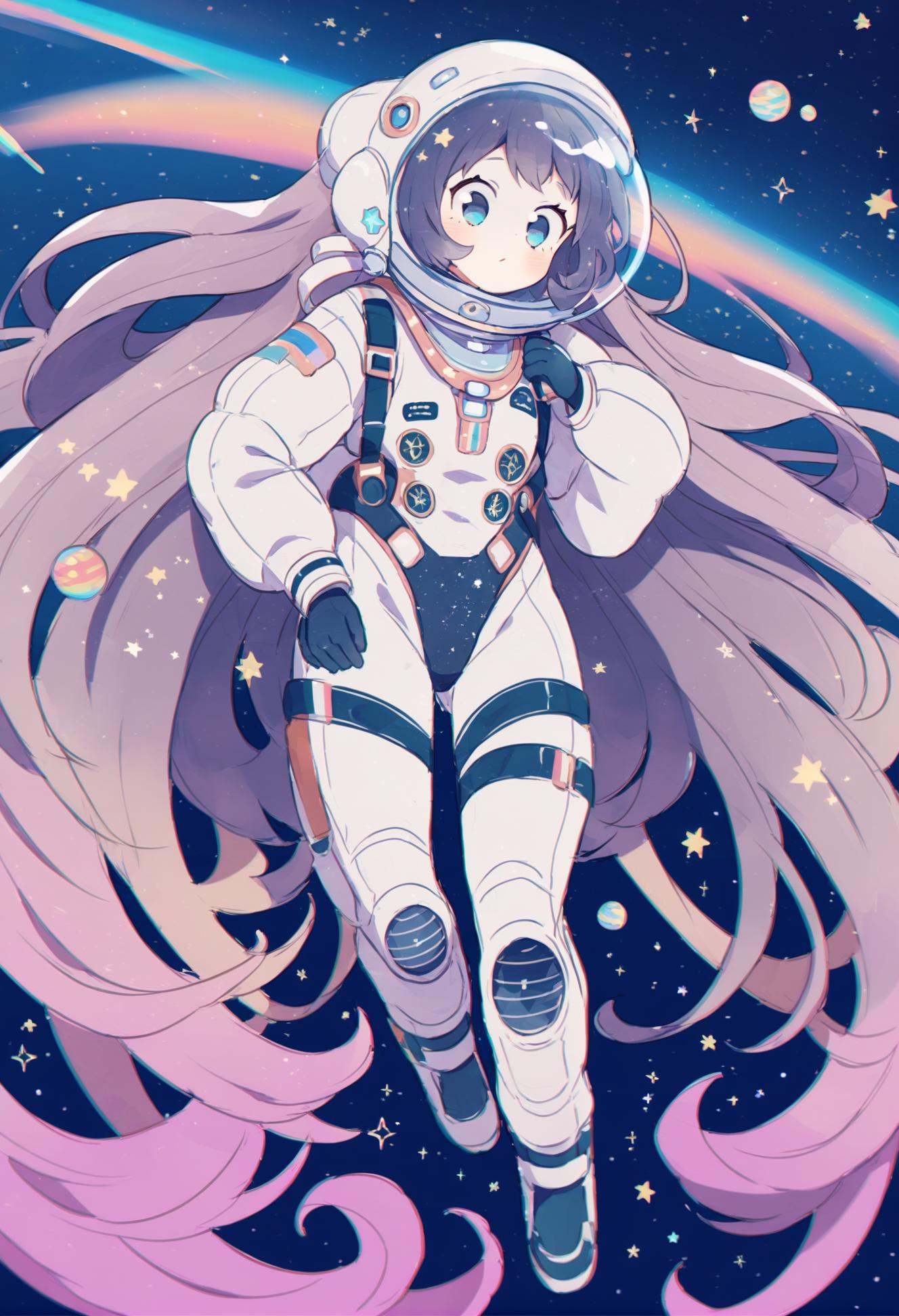 masterpiece, best quality,space, 1girl, planet, solo, chromatic aberration, long hair, spacesuit, space helmet, star \(sky\), very long hair, helmet  <lora:ekuuekuraXLlokr4f-000143:0.95>