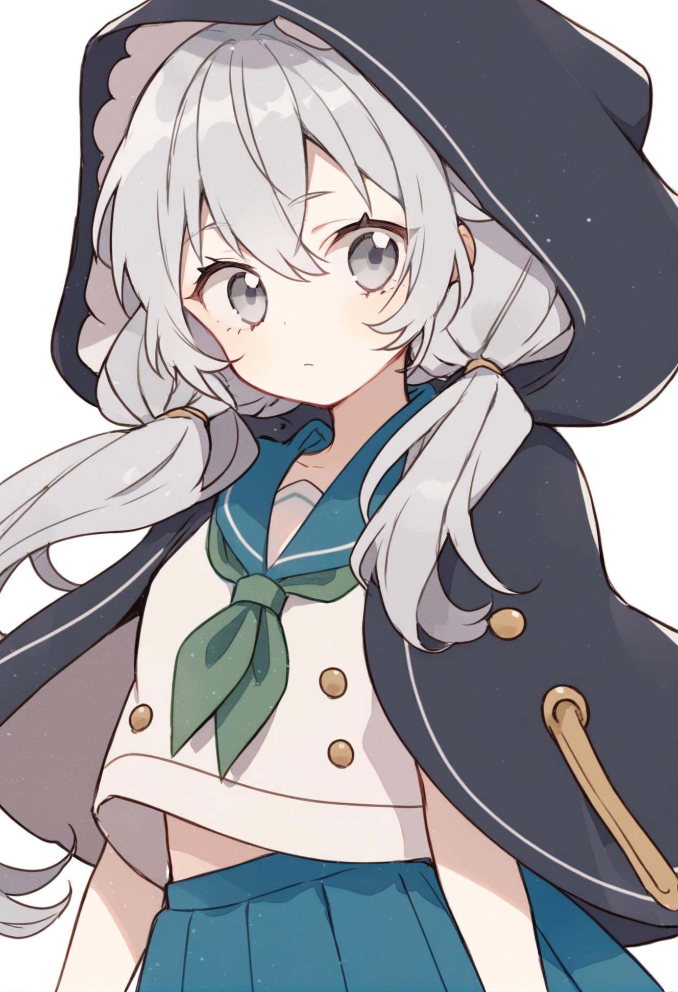 masterpiece, best quality,1girl, solo, neckerchief, skirt, school uniform, long hair, looking at viewer, hood, blue skirt, green neckerchief, white background, sailor collar, serafuku, blue sailor collar, simple background, closed mouth, hair between eyes, grey hair, grey eyes, shirt, twintails, white shirt, hood up, buttons, black cloak, hair intakes, low twintails  <lora:ekuuekuraXLlokr4f-000143:0.95>