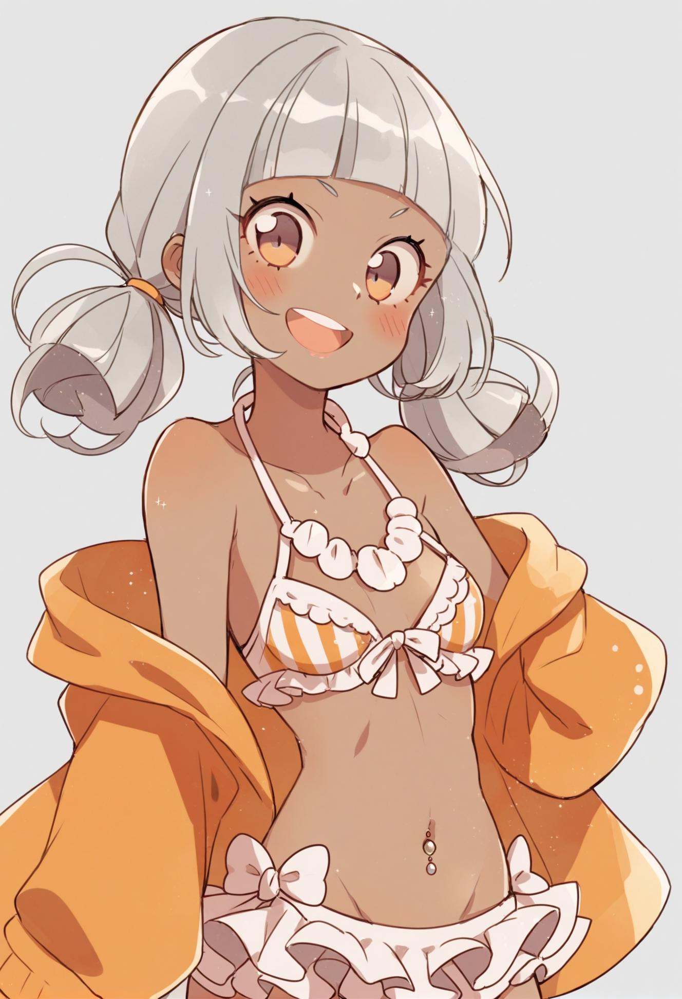 masterpiece, best quality,yonaga angie, 1girl, shell necklace, shell, solo, swimsuit, dark skin, bikini, long hair, smile, dark-skinned female, jacket, jewelry, necklace, :d, twintails, teeth, low twintails, collarbone, looking at viewer, open clothes, open mouth, upper body, navel, frills, frilled bikini, navel piercing, open jacket, orange jacket, upper teeth only, off shoulder, grey background, bare shoulders, blush stickers, blunt bangs, grey hair, white hair, small breasts, breasts, no shirt  <lora:ekuuekuraXLlokr4f-000143:0.95>