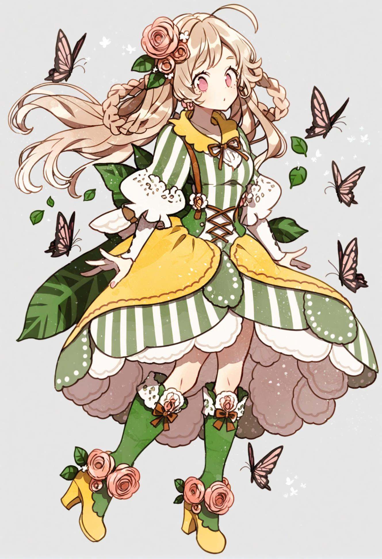 masterpiece, best quality,1girl, flower, bug, solo, butterfly, hair flower, hair ornament, pink flower, braid, long hair, boots, full body, white background, rose, yellow footwear, dress, striped clothes, pink rose, hair rings, braided hair rings, ahoge, high heels, green footwear, yellow dress, green dress, long sleeves, bow, high heel boots, vertical-striped clothes, ribbon, cross-laced clothes, frills, looking at viewer, pink eyes, puffy sleeves, striped dress, twin braids, vertical-striped dress, simple background, leaf, knee boots, brown hair  <lora:ekuuekuraXLlokr4f-000143:0.95>