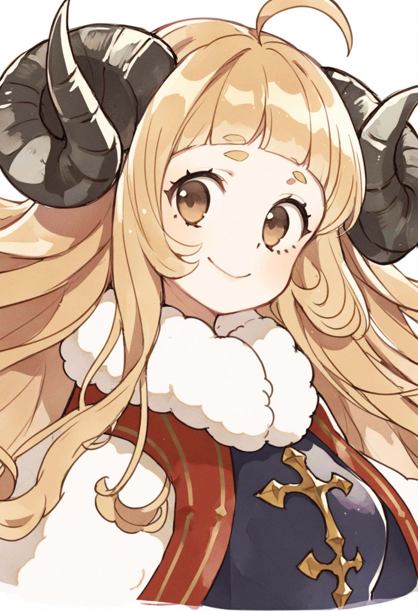 masterpiece, best quality,1girl, anila \(granblue fantasy\), solo, horns, long hair, ahoge, draph, blonde hair, smile, sheep horns, looking at viewer, simple background, thick eyebrows, brown eyes, portrait, white background, blunt bangs, closed mouth, fur trim, short eyebrows, fur collar  <lora:ekuuekuraXLlokr4f-000143:0.95>