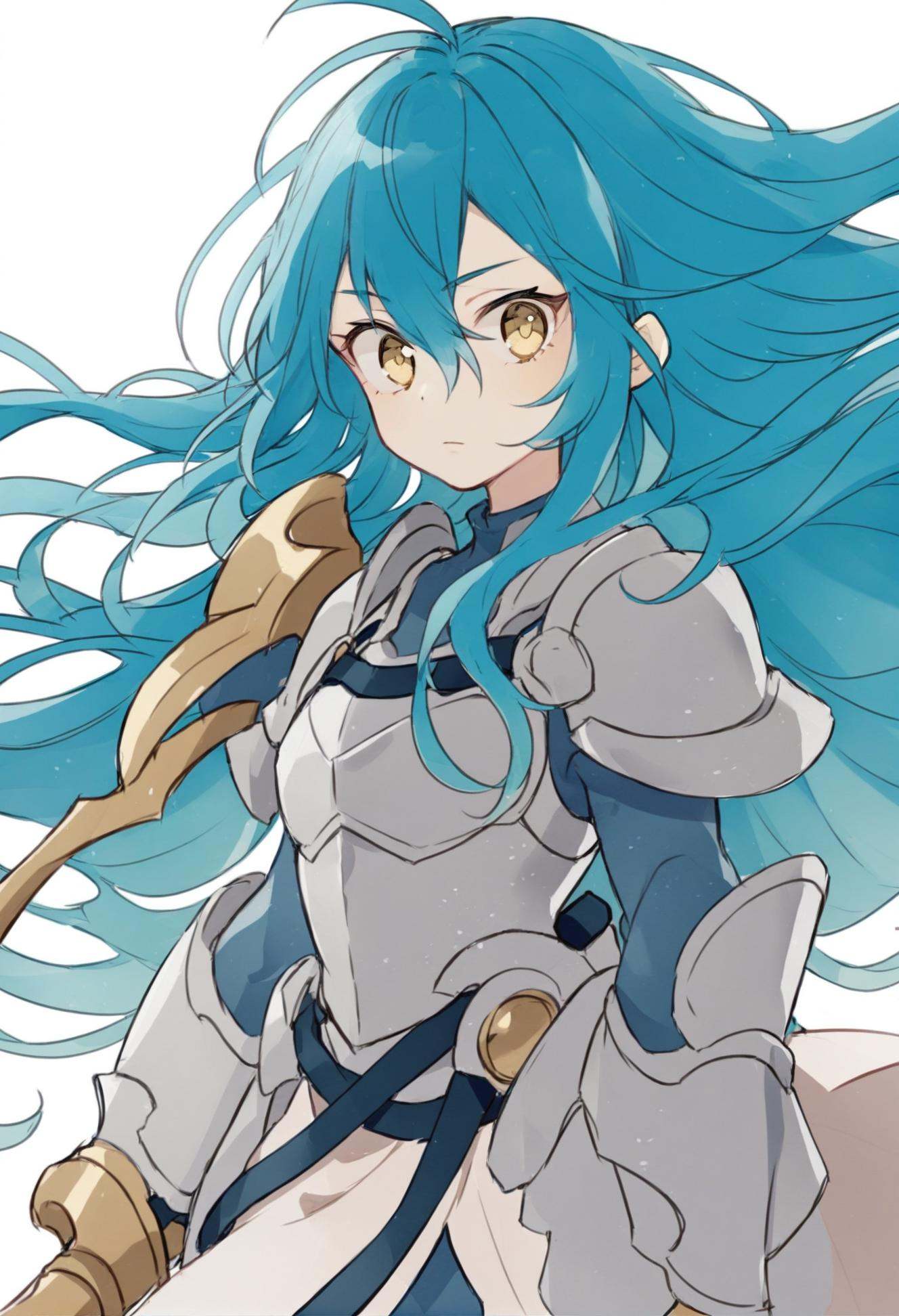 masterpiece, best quality,1girl, solo, weapon, long hair, blue hair, holding weapon, holding, sword, yellow eyes, holding sword, looking at viewer, simple background, white background, upper body, armor, closed mouth  <lora:ekuuekuraXLlokr4f-000143:0.95>