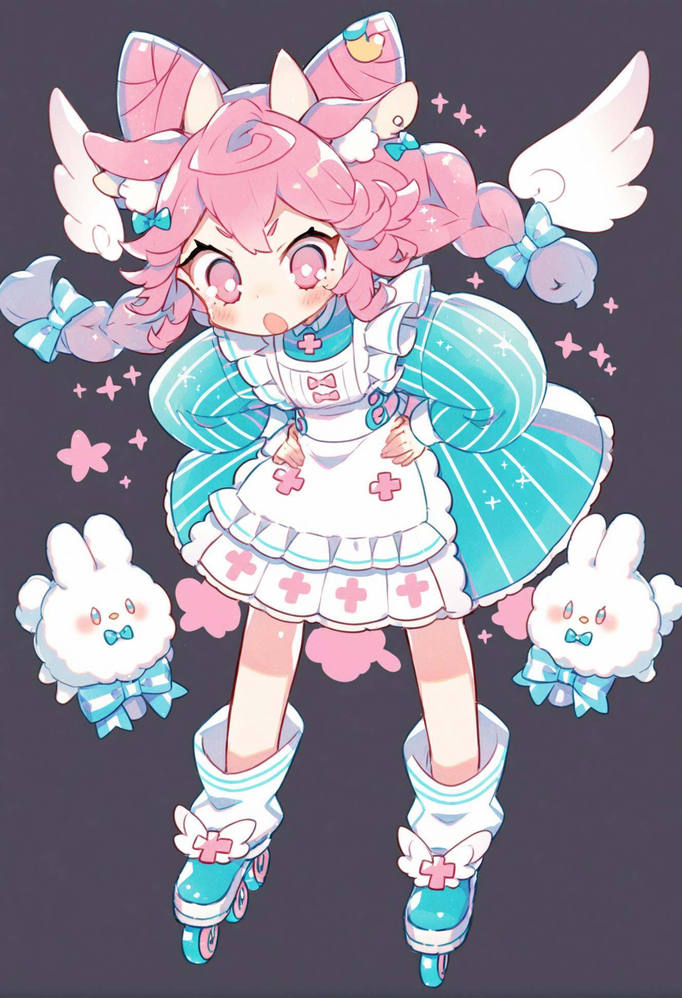 masterpiece, best quality,skates, roller skates, 1girl, solo, pink hair, full body, white background, hands on own hips, open mouth, bow, simple background, animal ears, braid, detached wings, inline skates, long sleeves, long hair, wings, pink eyes, dress, apron, hair bow, blush, :o, looking at viewer, v-shaped eyebrows, hair ornament  <lora:ekuuekuraXLlokr4f-000143:0.95>