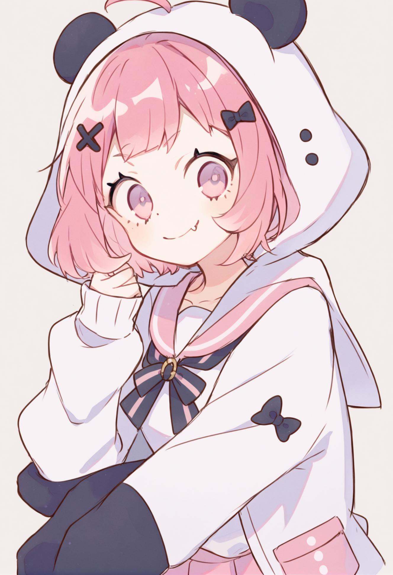 masterpiece, best quality,sasaki saku, 1girl, solo, virtual youtuber, pink hair, panda hood, hood, hair ornament, animal hood, looking at viewer, sailor collar, smile, closed mouth, x hair ornament, jacket, pink sailor collar, skirt, simple background, shirt, hooded jacket, bow, pink eyes, ahoge, school uniform, panda ears, animal ears, short hair, white shirt, hood up, upper body, ribbon, fang, long sleeves  <lora:ekuuekuraXLlokr4f-000143:0.95>