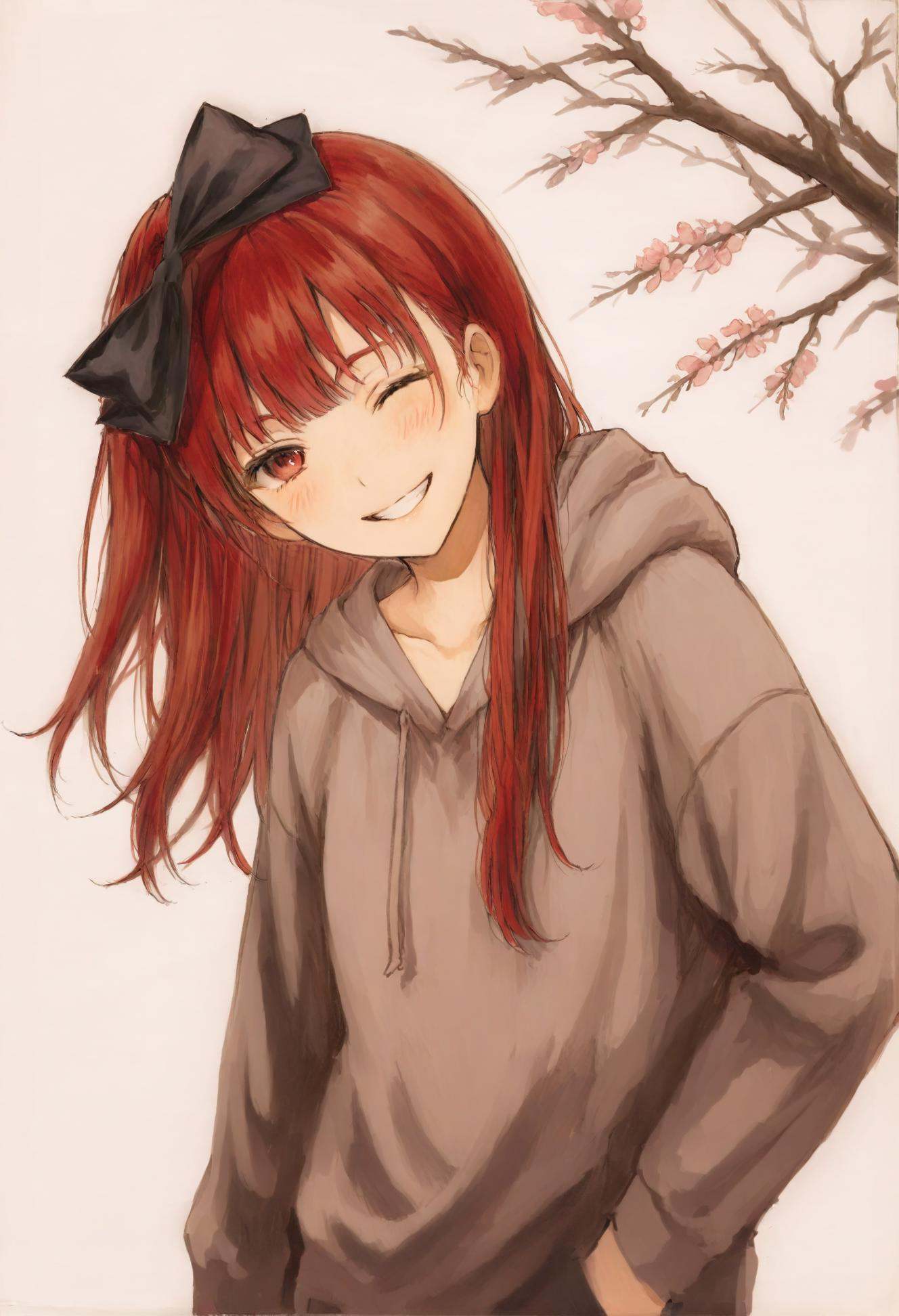 masterpiece, best quality,sakura kyoko, 1girl, one eye closed, solo, long hair, red eyes, smile, red hair, ponytail, hood, grin, bow, hair bow, white background, looking at viewer, simple background, upper body, hoodie, collarbone, black bow, blush, traditional media, portrait, jacket <lora:iwzryXLlokr4f-000140:0.95>