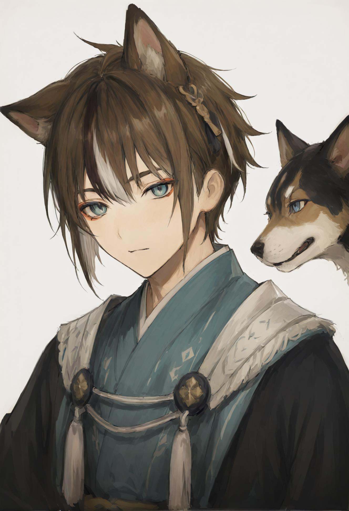 masterpiece, best quality,gorou \(genshin impact\), 1boy, male focus, animal ears, solo, multicolored hair, brown hair, white hair, streaked hair, white background, simple background, looking at viewer, armor, hair between eyes, closed mouth, japanese clothes, tassel, hair ornament, dog boy, portrait, japanese armor, dog ears, aqua eyes, blue eyes, makeup, eyeshadow, short hair <lora:iwzryXLlokr4f-000140:0.95>