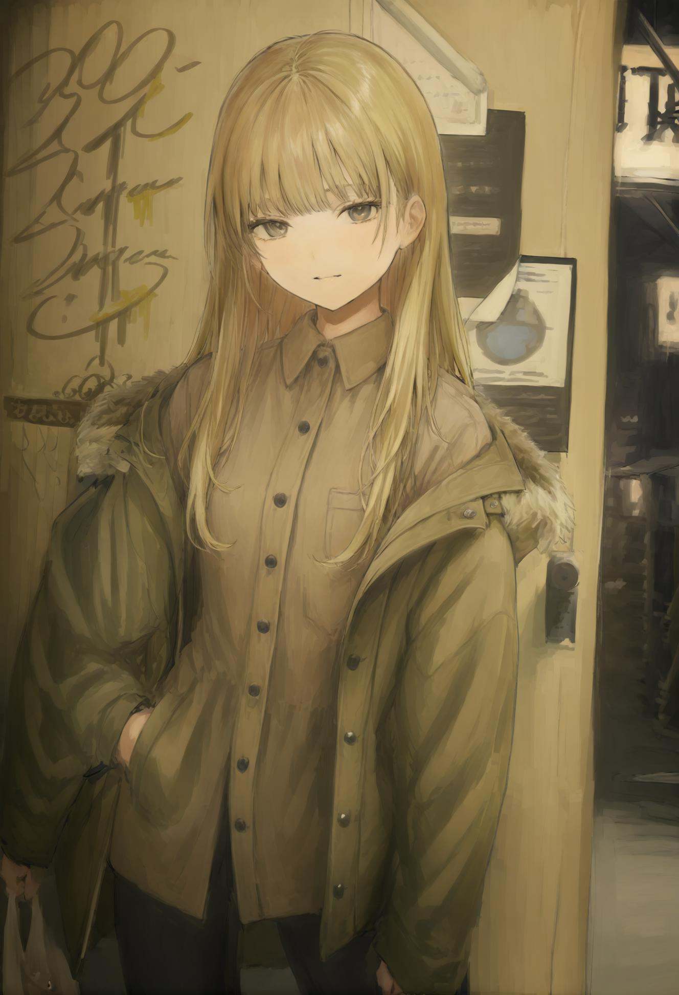 masterpiece, best quality,1girl, solo, long hair, blonde hair, hand in pocket, coat, looking at viewer <lora:iwzryXLlokr4f-000140:0.95>