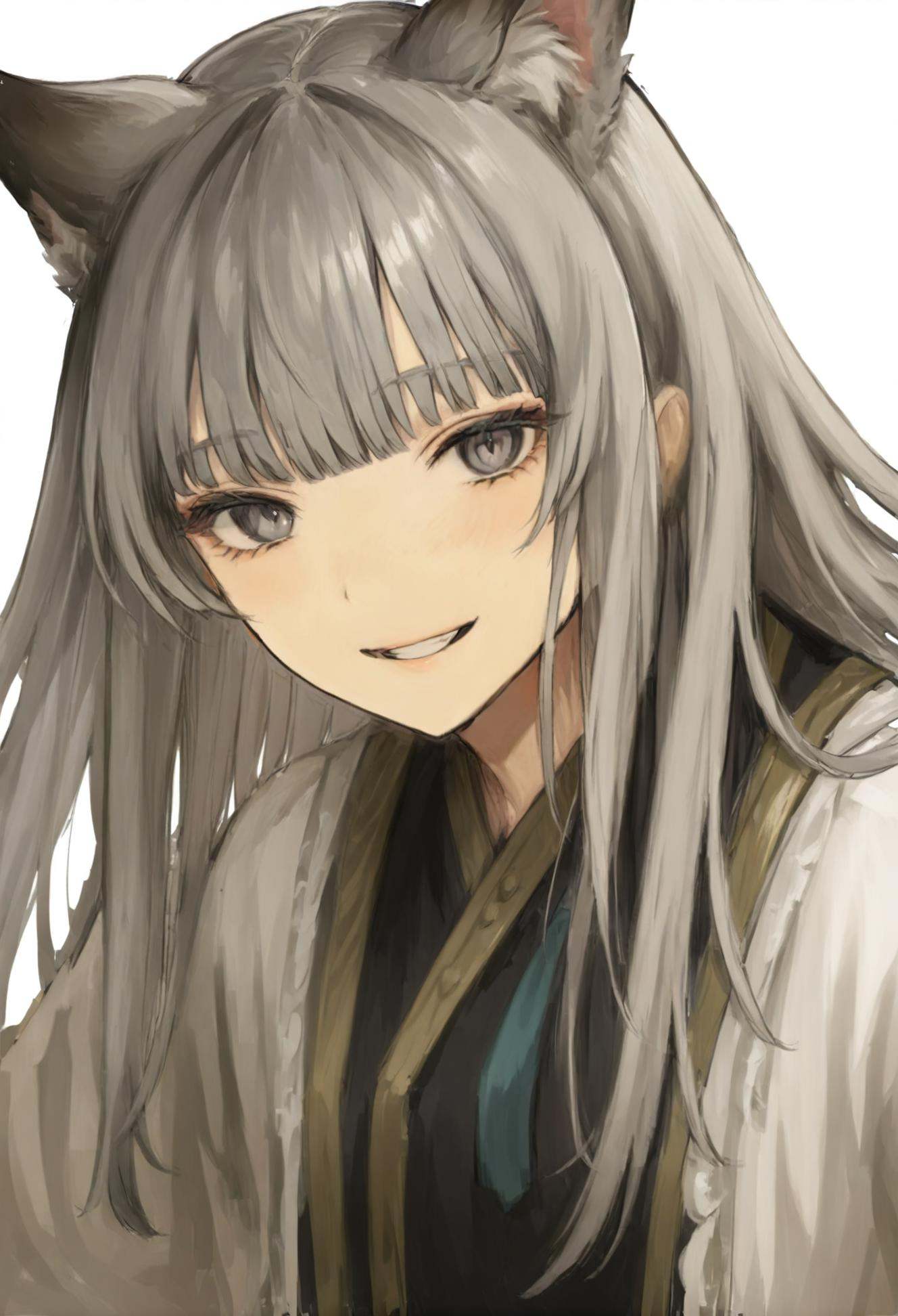 masterpiece, best quality,1girl, erune, solo, animal ears, long hair, portrait, smile, looking at viewer, grey hair, grey eyes, blunt bangs, simple background, transparent background, white background, parted lips  <lora:iwzryXLlokr4f-000140:0.95>