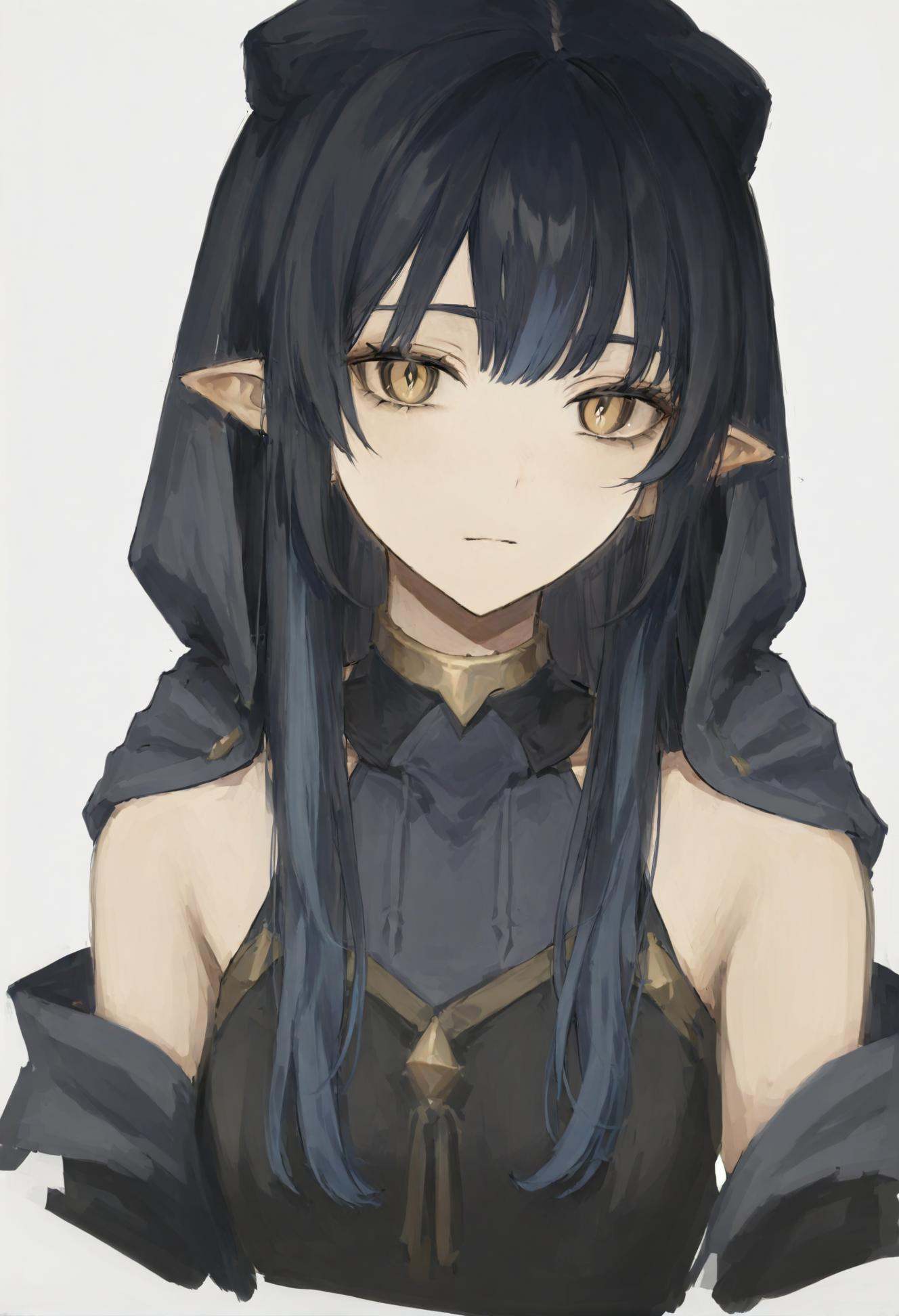 masterpiece, best quality,1girl, layla \(genshin impact\), solo, pointy ears, drill sidelocks, blue hair, hair between eyes, drill hair, white background, long hair, hood, sidelocks, yellow eyes, blue hood, simple background, looking at viewer, hood up, cropped shoulders, portrait, closed mouth, bright pupils, bare shoulders, white pupils, cropped torso, jewelry, neck ring, upper body, bags under eyes, gold choker <lora:iwzryXLlokr4f-000140:0.95>
