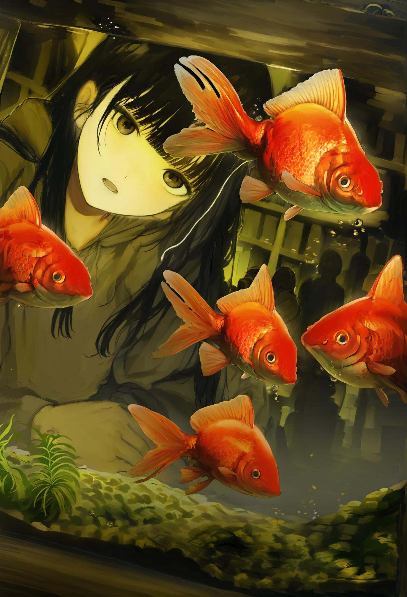 masterpiece, best quality,fish, 1girl, hood, black hair, long hair, hoodie, goldfish, looking at viewer, open mouth, black eyes, solo, black hoodie, hood down, blunt bangs, indoors, upper body  <lora:iwzryXLlokr4f-000140:0.95>