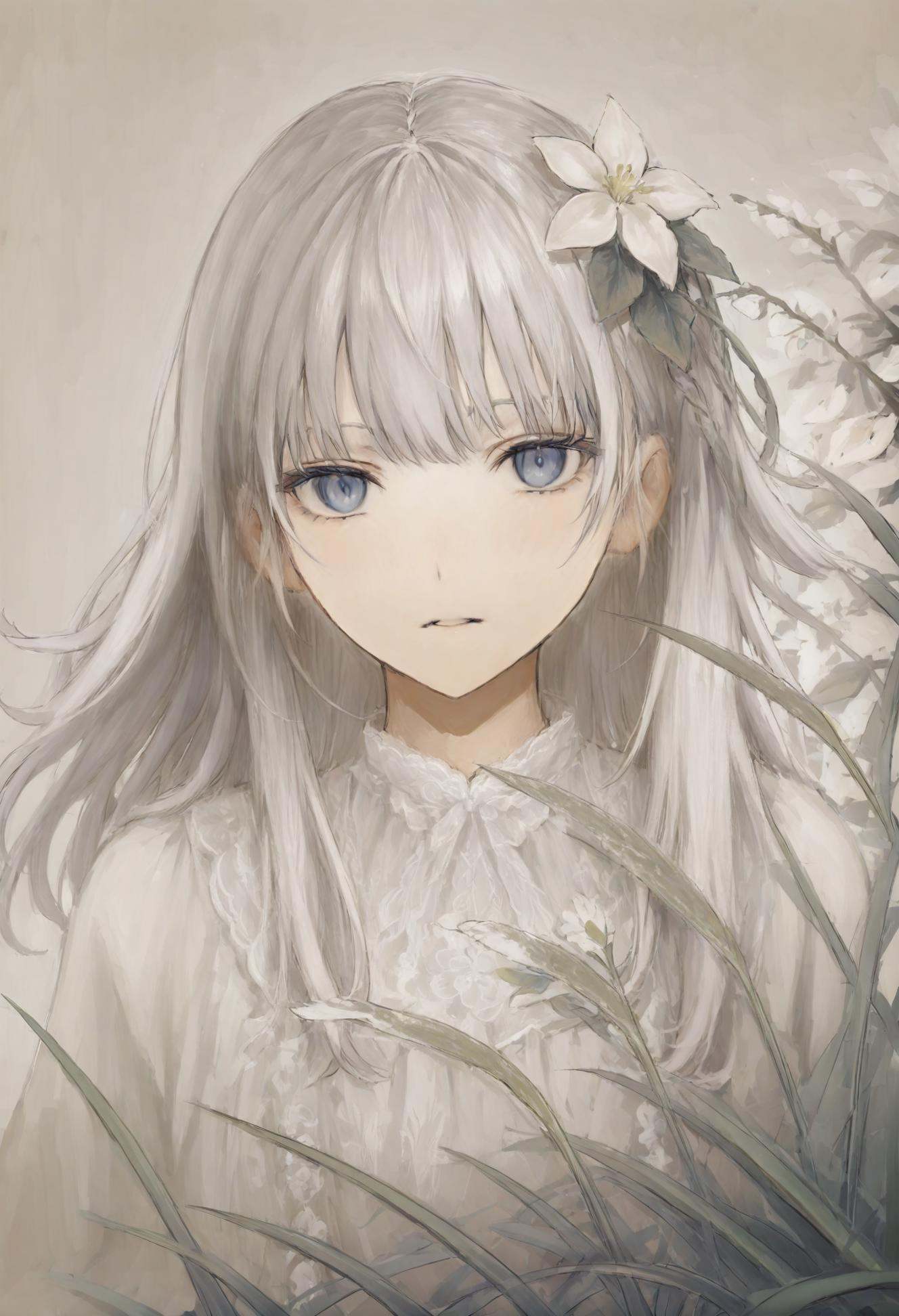 masterpiece, best quality,solo, 1girl, flower, long hair, looking at viewer, blue eyes, hair between eyes, white background, portrait, simple background, floating hair, white flower, white hair <lora:iwzryXLlokr4f-000140:0.95>